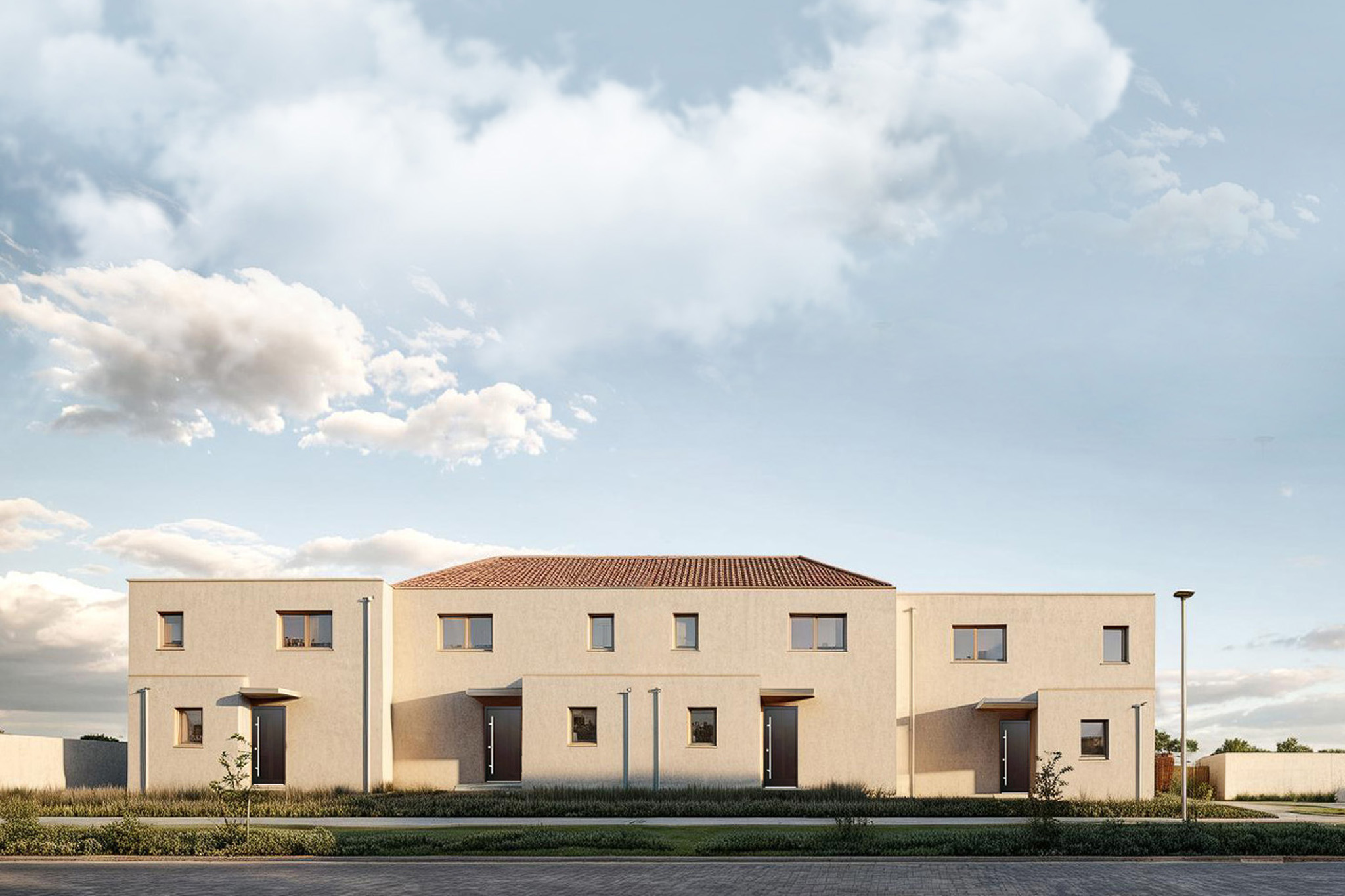 Vue du projet L'Horizon du Sud, conçu par l'agence d'architecture NFAU en collaboration avec l'agence EKAU, mettant en valeur une architecture contemporaine, des espaces de vie lumineux, des volumes harmonieux et une intégration soignée dans son environnement.
