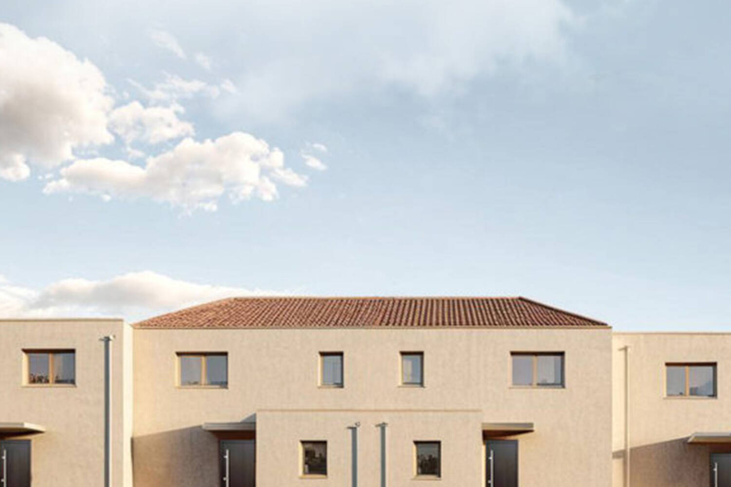 Vue du projet L'Horizon du Sud, conçu par l'agence d'architecture NFAU en collaboration avec l'agence EKAU, mettant en valeur une architecture contemporaine, des espaces de vie lumineux, des volumes harmonieux et une intégration soignée dans son environnement.